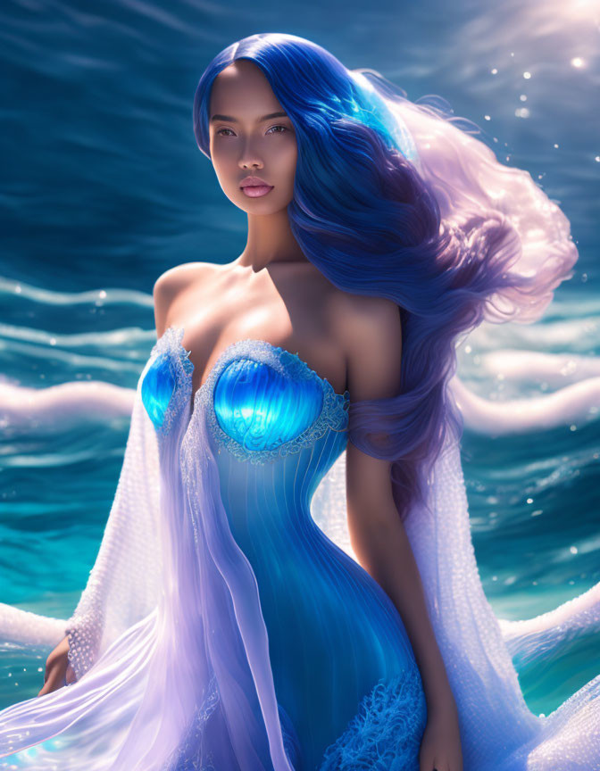 Fantastical woman with flowing blue hair and dress emerges from sparkling water