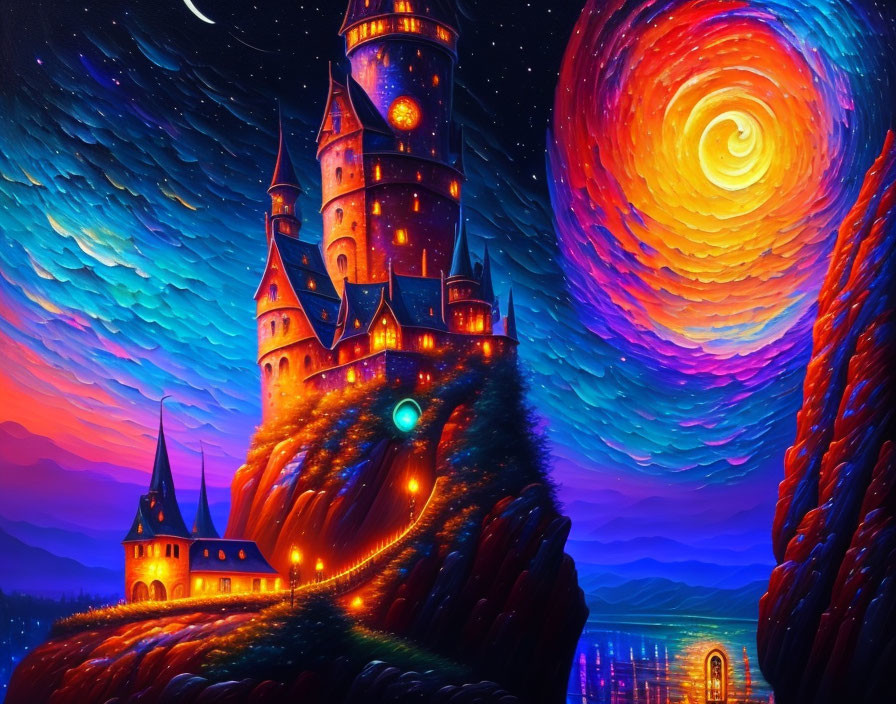 Digital art: Magical castle under galaxy sky by calm lake