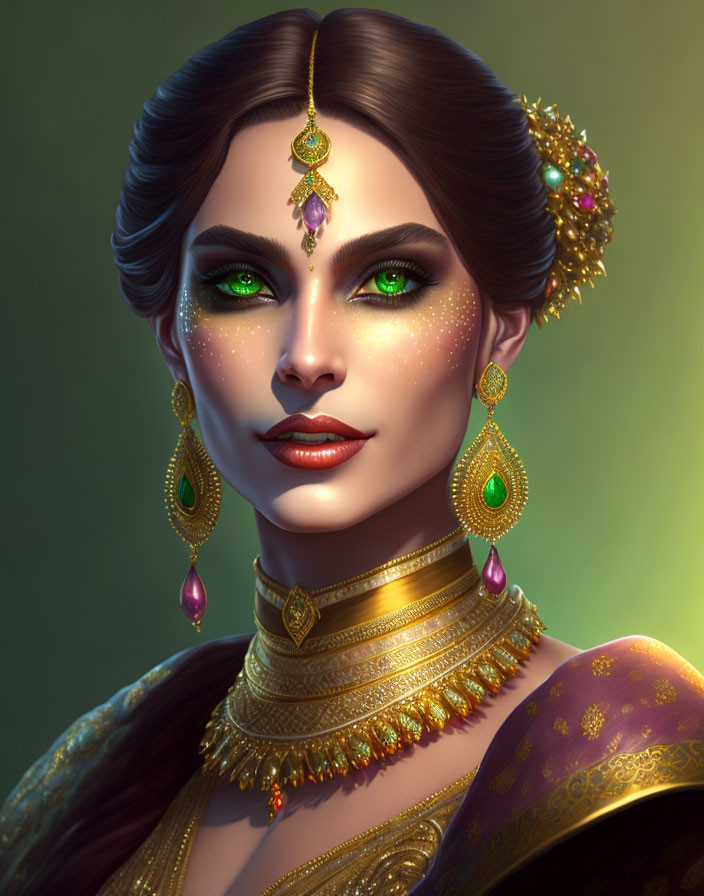 Elegant digital art of a woman with gold jewelry and traditional makeup