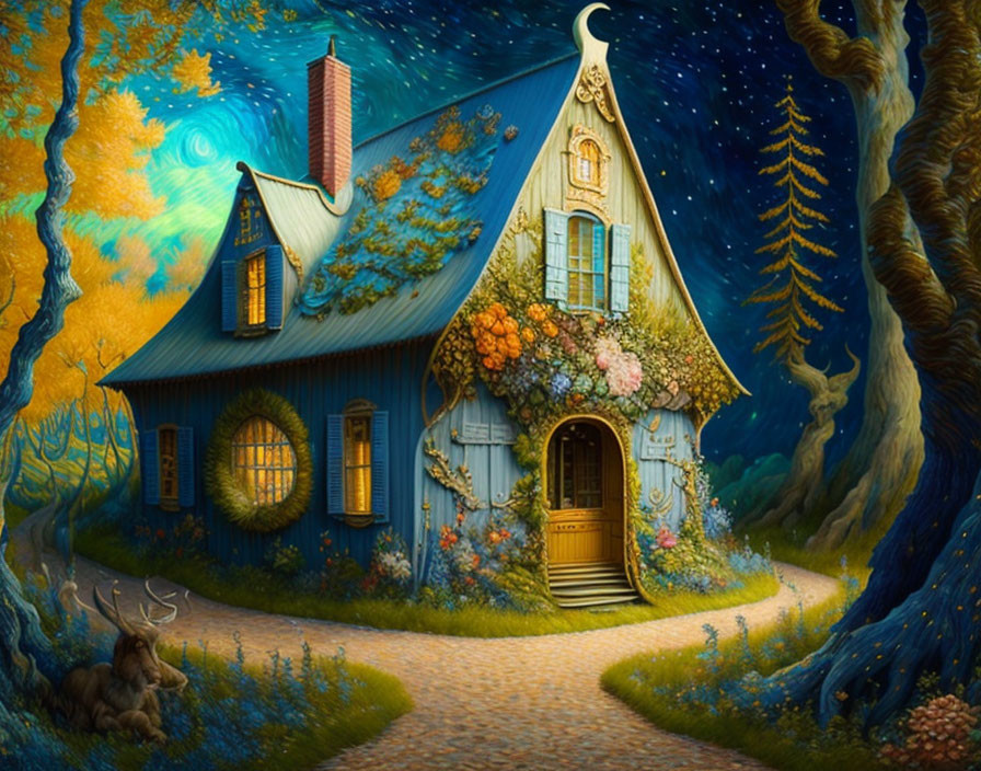 Whimsical nighttime forest cottage with starry sky and deer