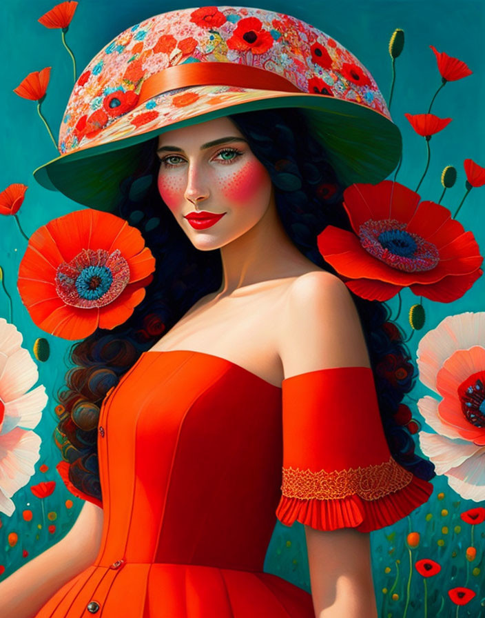 Black-haired woman in red dress and floral hat surrounded by poppies on teal background.