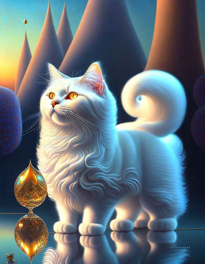 White cat with yellow eyes and golden ornament in fantasy landscape