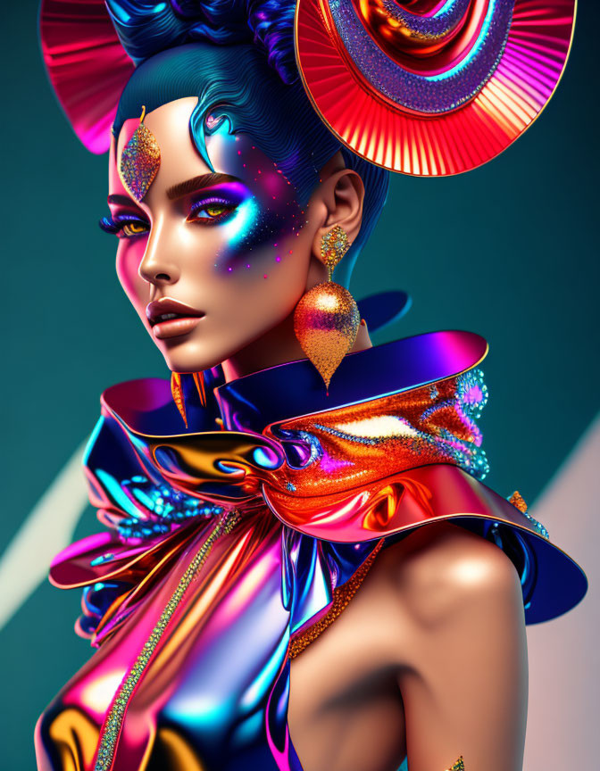 Colorful digital portrait of woman with futuristic headgear and iridescent attire