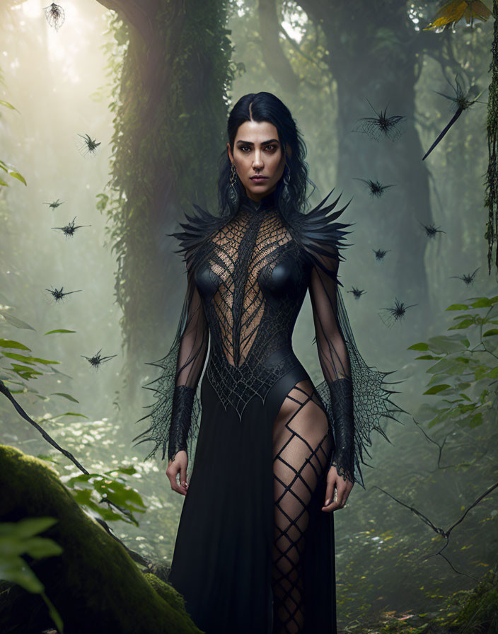 Dark fantasy-themed woman in spiderweb forest setting