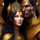 Fantasy digital artwork of two characters in golden armor