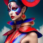 Colorful digital portrait of woman with futuristic headgear and iridescent attire