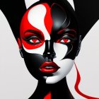 Stylized digital artwork of female face with black, white patterns, and red makeup