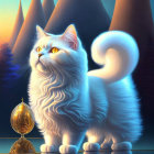 White cat with yellow eyes and golden ornament in fantasy landscape