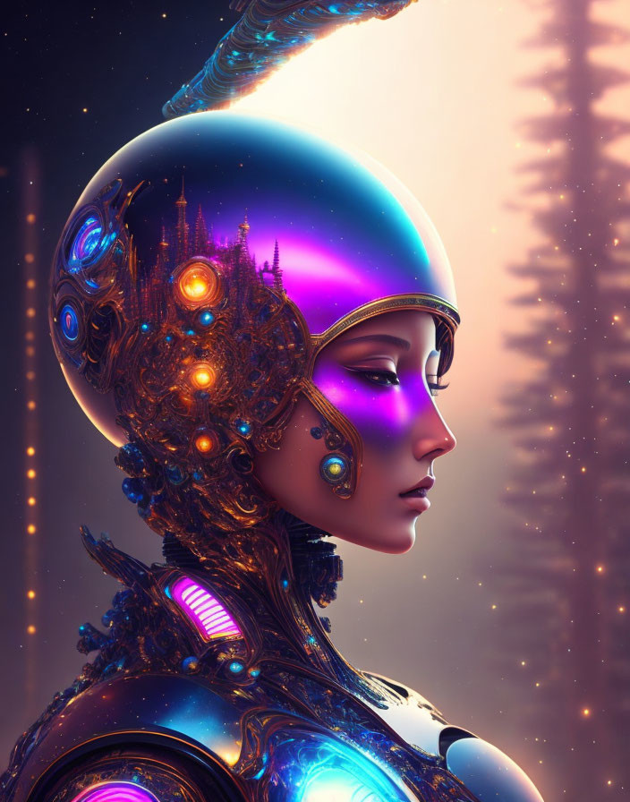 Futuristic female android with reflective helmet and illuminated cityscape design