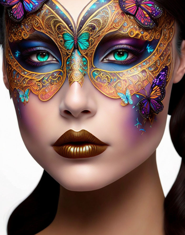 Elaborate Butterfly Mask Makeup with Vibrant Colors and Gold Accents