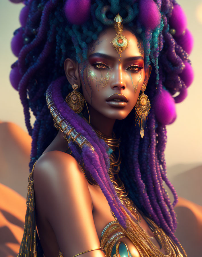 Digital art portrait of woman with purple curly hair and gold jewelry against desert backdrop