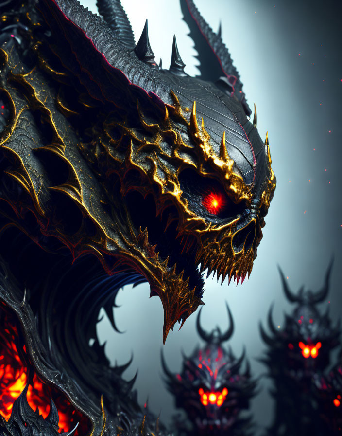 Menacing black dragon with fiery underbelly and red eyes in dim setting