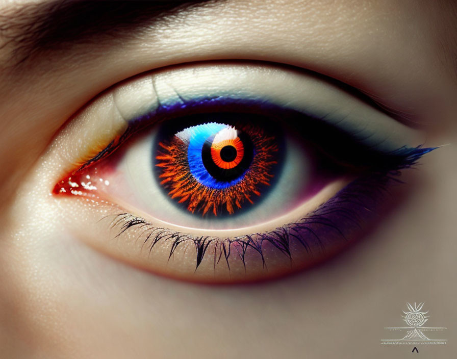 Detailed close-up of bright, multicolored iris with artistic makeup