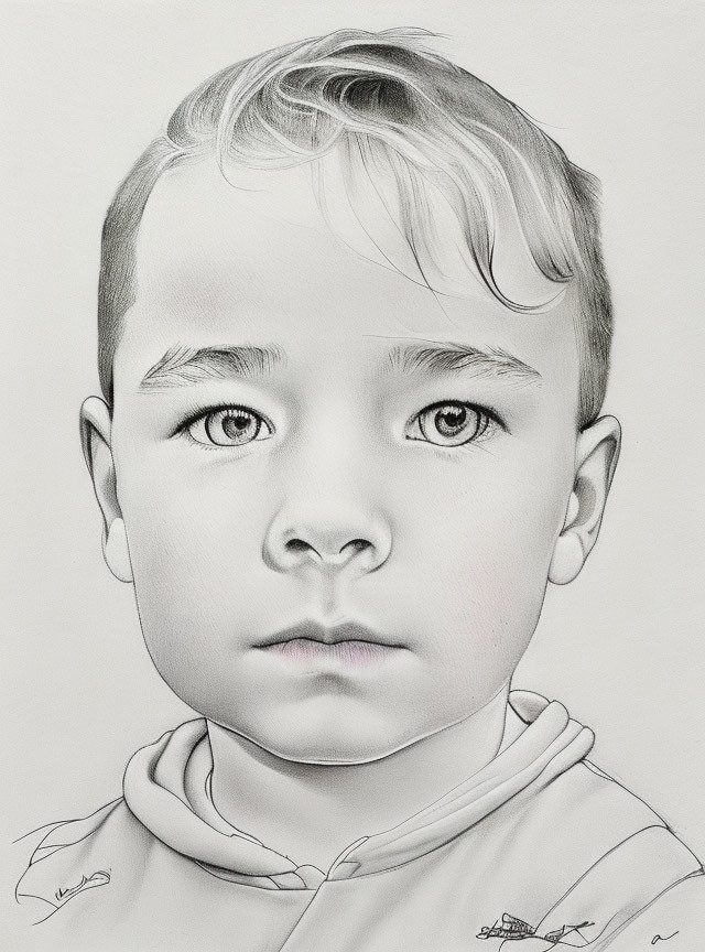 Detailed pencil drawing of young boy with serious expression and short haircut in collared shirt