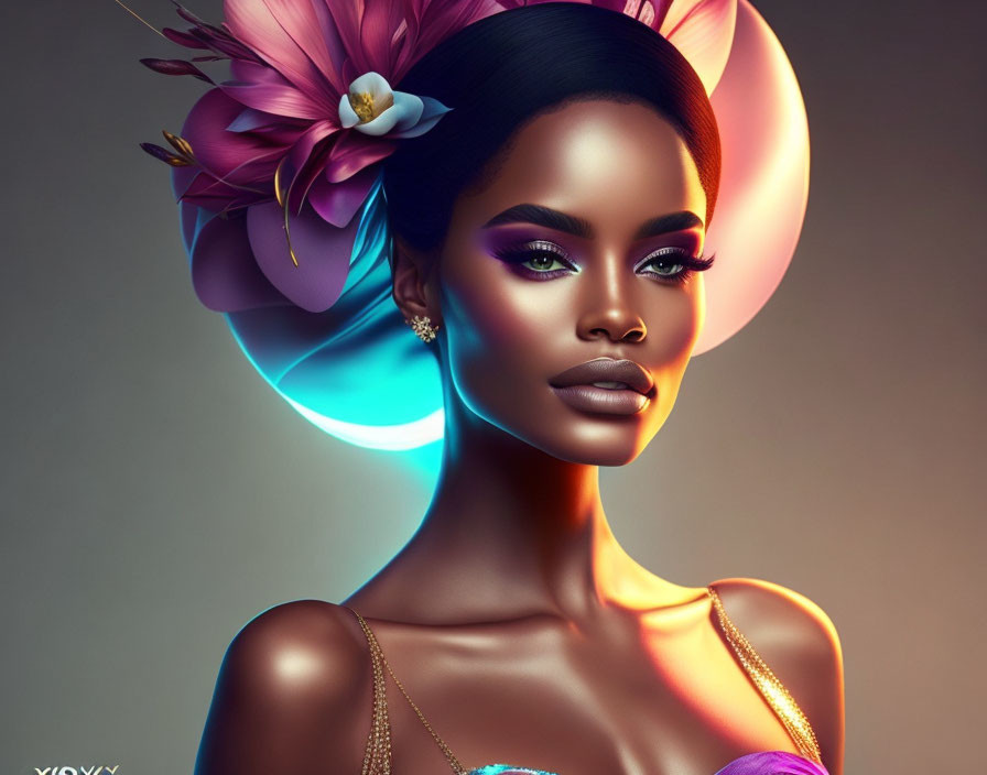 Radiant woman with bold makeup and exotic flowers in hair on glowing backdrop