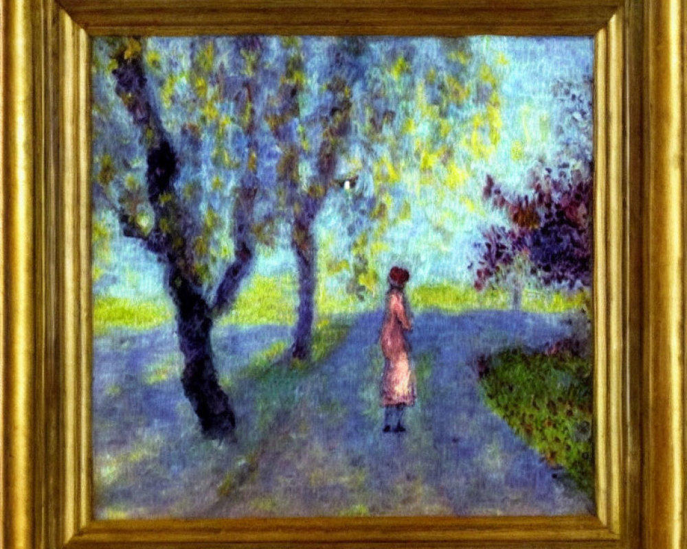 Impressionist painting of figure walking on lush tree-lined path