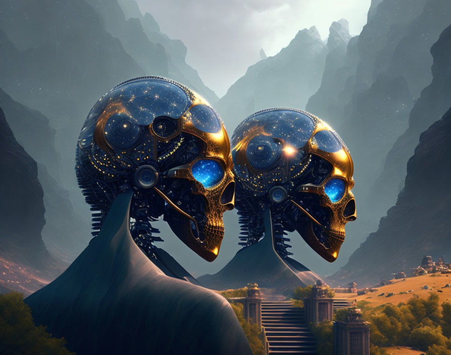 Intricately designed robotic heads with cosmos patterns, set against misty mountains.