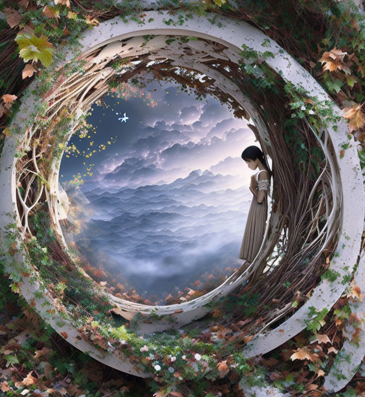 Girl in dress gazes at dreamy landscape through circular portal