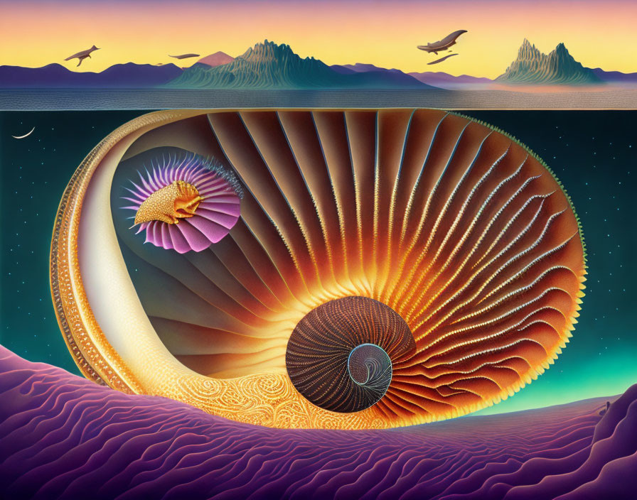 Surreal landscape with nautilus shell spiral, sunset sky, mountains, birds, and crescent