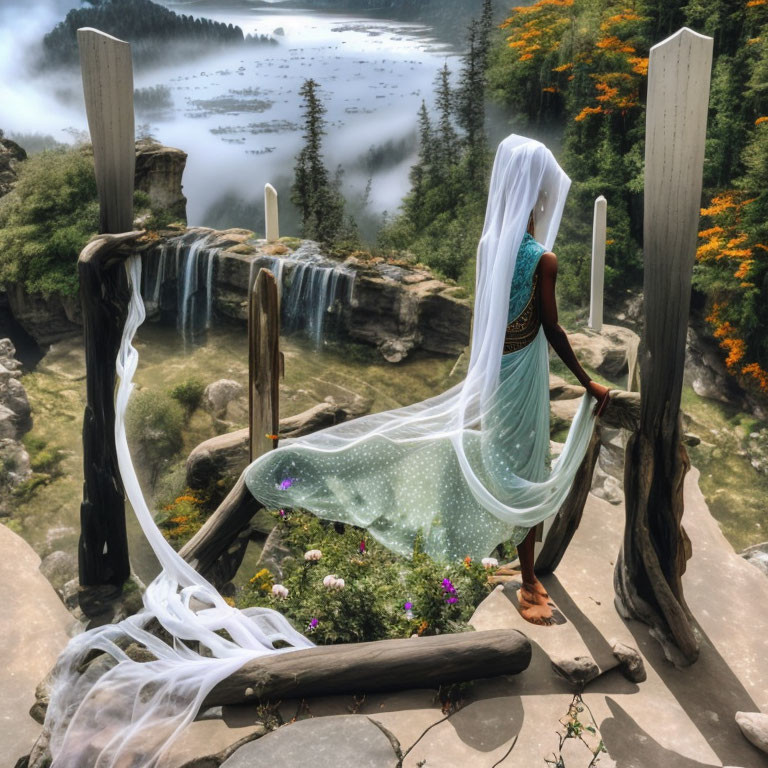 Translucent, Embellished Cape Figure on Wooden Platform Overlooking Misty Valley