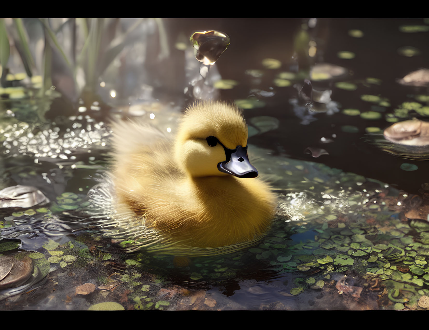 Yellow Duckling Floating on Peaceful Pond with Lily Pads