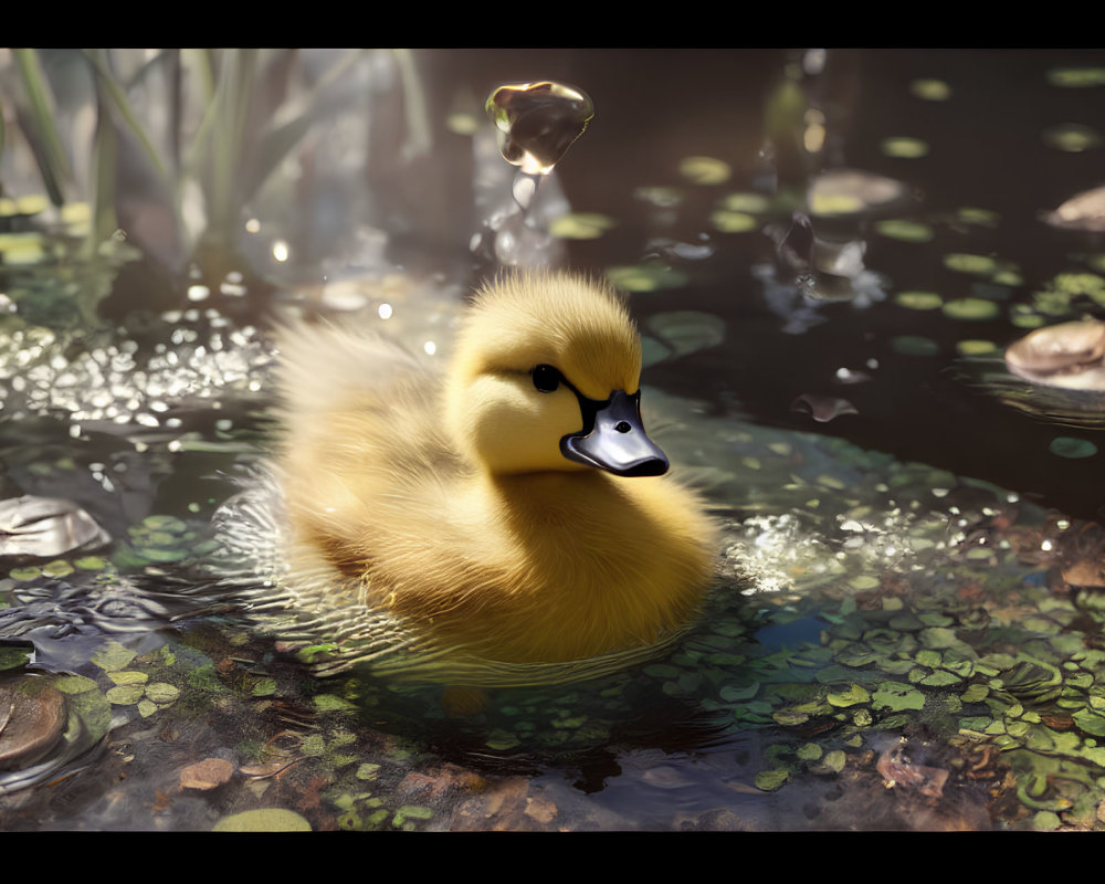 Yellow Duckling Floating on Peaceful Pond with Lily Pads