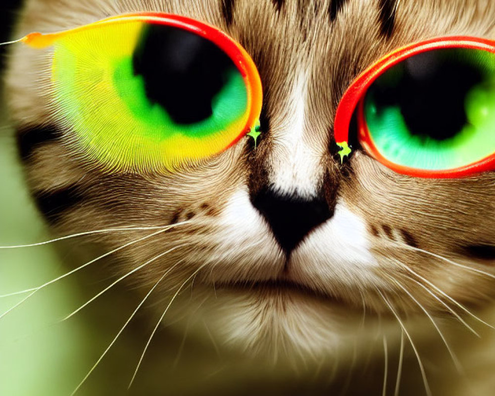 Close-Up of Cat with Striking Yellow and Green Eyes in Bright Red and Yellow Frames