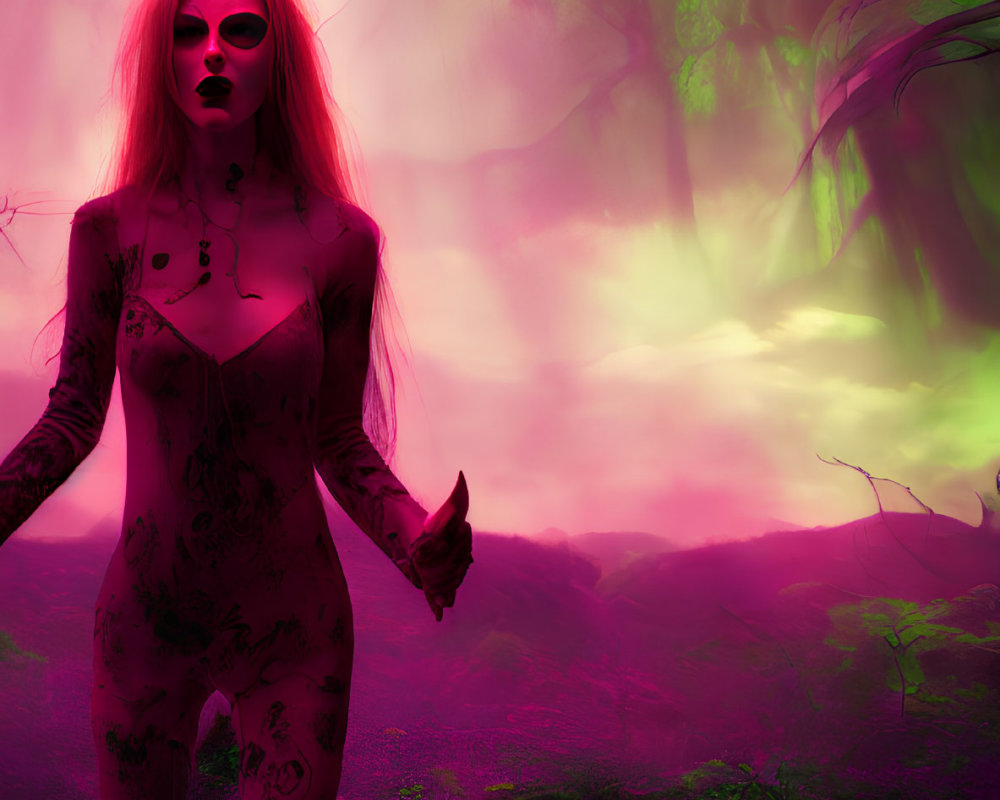 Blonde-haired tattooed woman in purple-lit fantasy forest with heart symbol