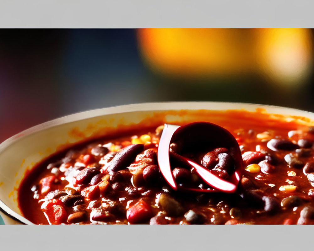 Close-Up of Spicy Chili Bowl with Beans and Red Chili Pepper