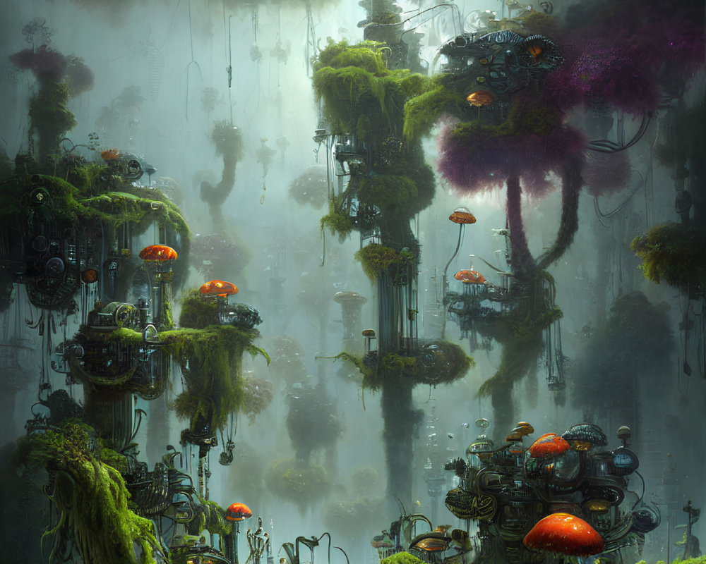 Futuristic forest with moss-covered structures, bioluminescent fungi, and advanced machinery