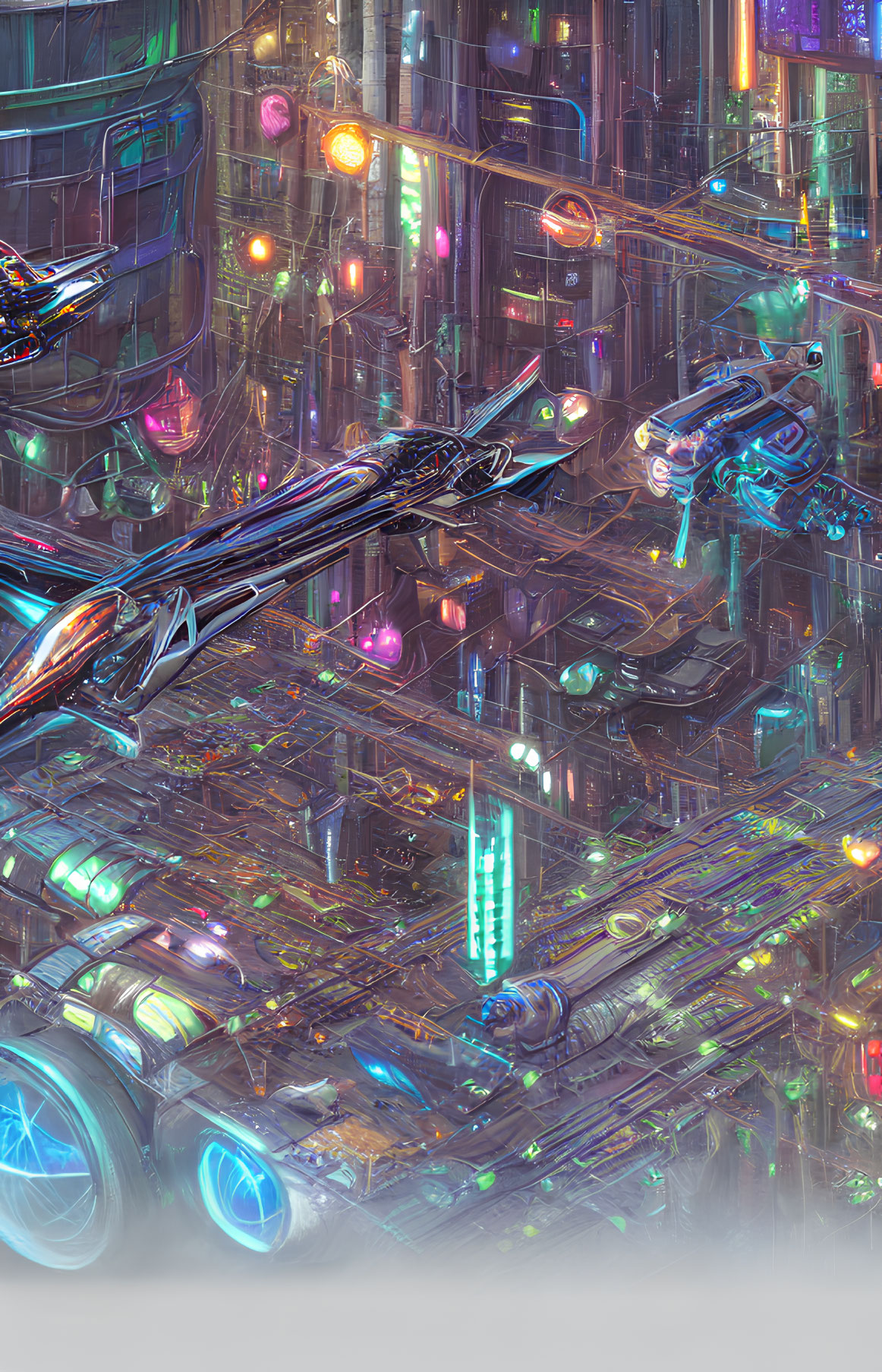 Neon-lit futuristic cityscape with flying vehicles