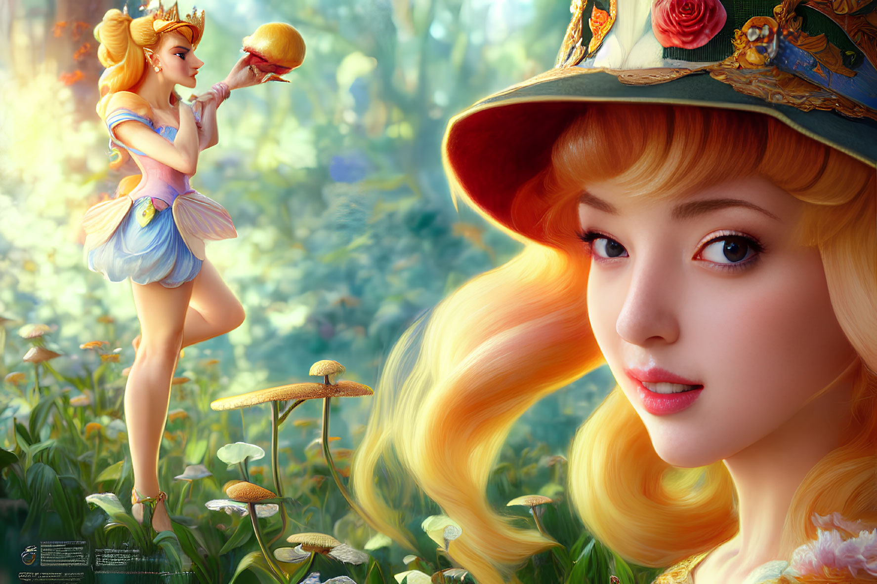 Blonde fairy with expressive eyes on mushroom with bird in enchanted forest