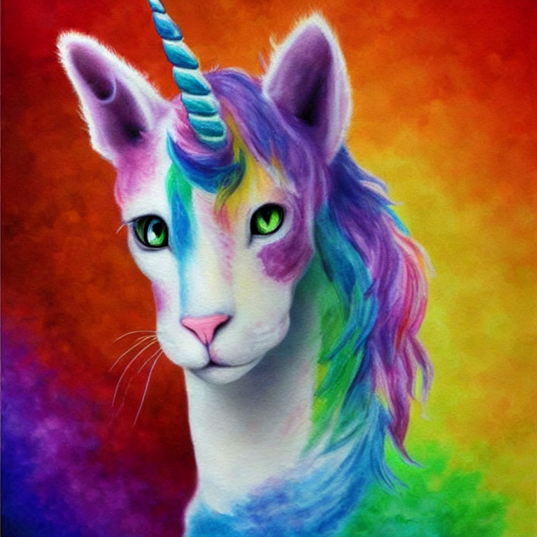 Colorful Cat-Headed Unicorn Creature on Fiery Background