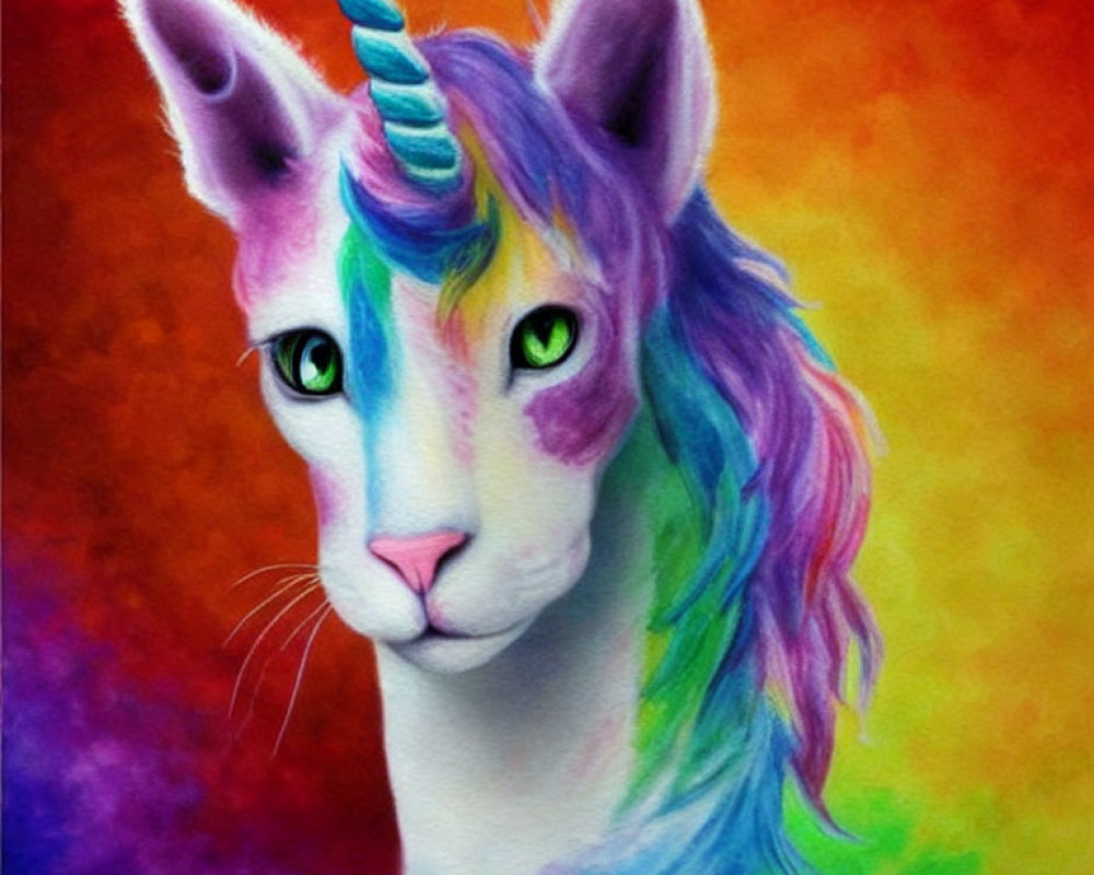 Colorful Cat-Headed Unicorn Creature on Fiery Background