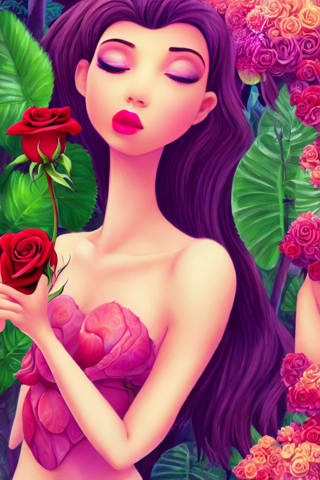 Illustrated Woman with Violet Hair Surrounded by Flowers and Smelling Red Rose