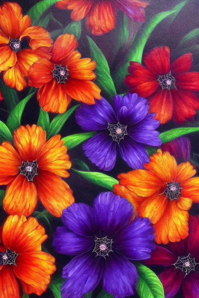 Colorful orange and purple flower painting on dark background with rich textures.