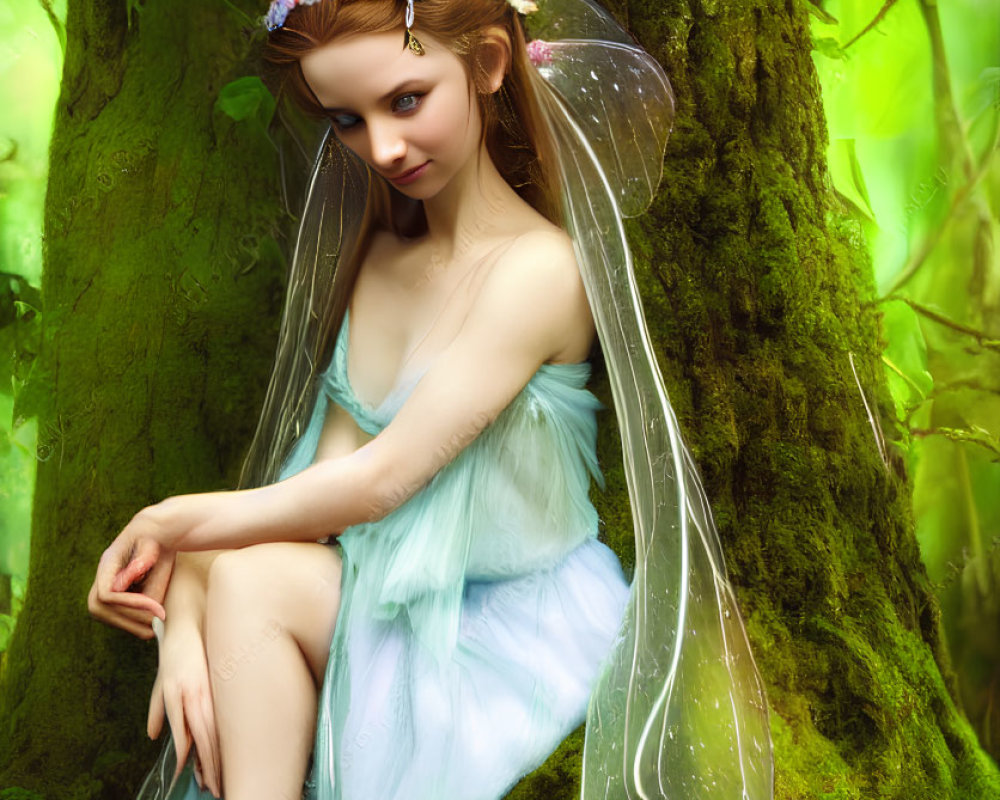 Fairy costume with translucent wings in lush woodland setting