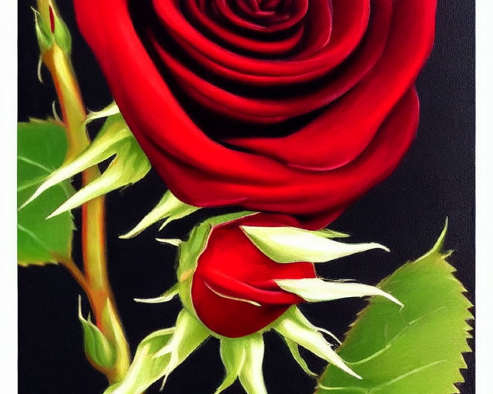 Detailed Red Rose with Green Thorns on Dark Background