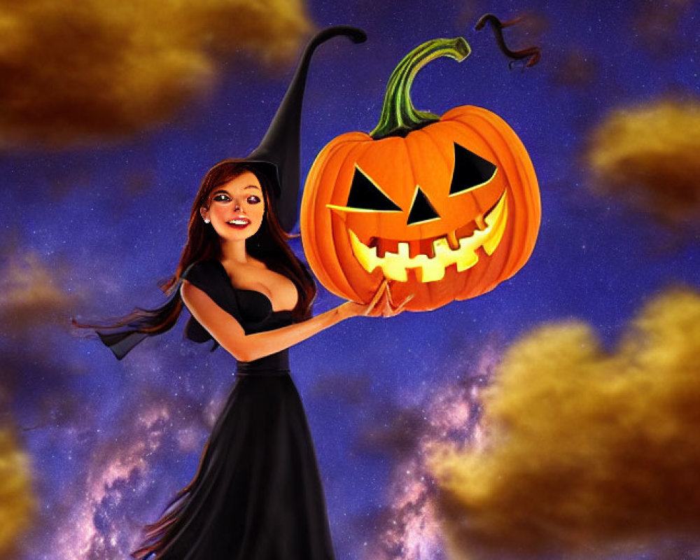 Animated witch in black dress with broom, smiling next to jack-o'-lantern