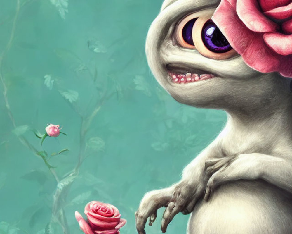 Whimsical creature with large eye and rose in a rose garden