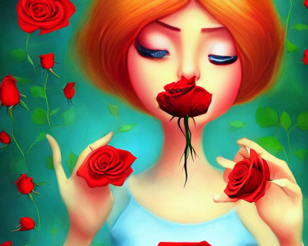 Vibrant illustration of person with orange hair and black rose surrounded by red roses on turquoise background