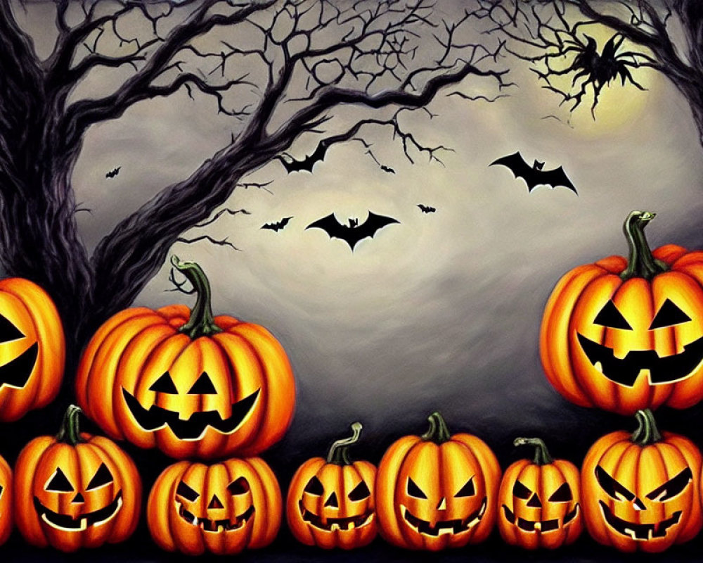 Spooky Halloween scene with jack-o'-lanterns, bats, and spider under moonlit sky