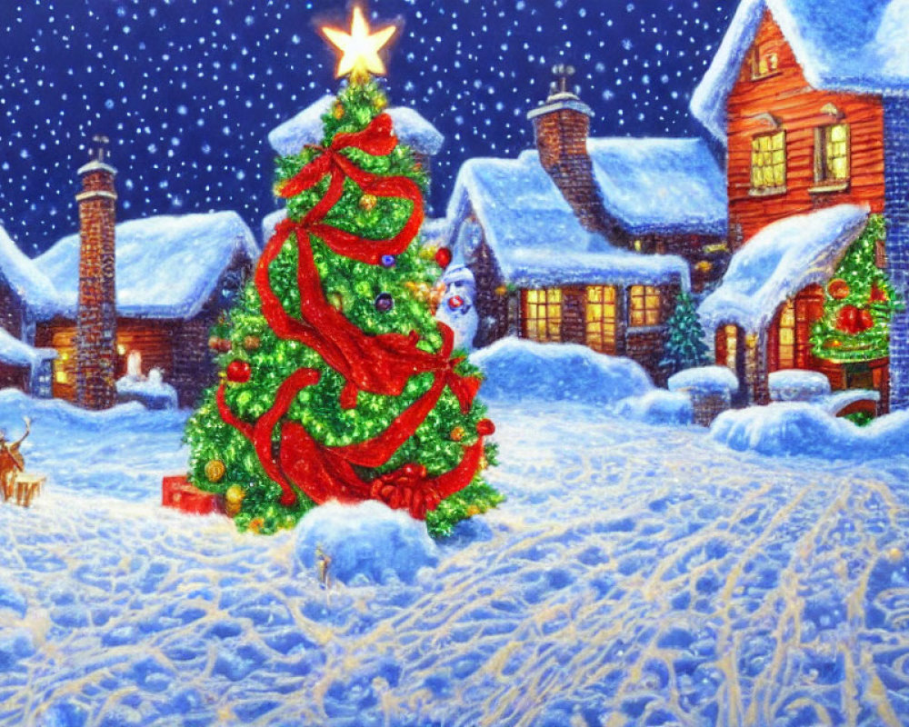 Decorated Christmas tree with gifts, snow-covered houses, and night sky landscape.