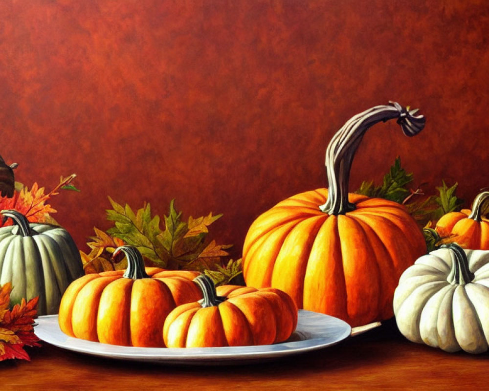 Colorful Pumpkins and Autumn Leaves Still Life Painting