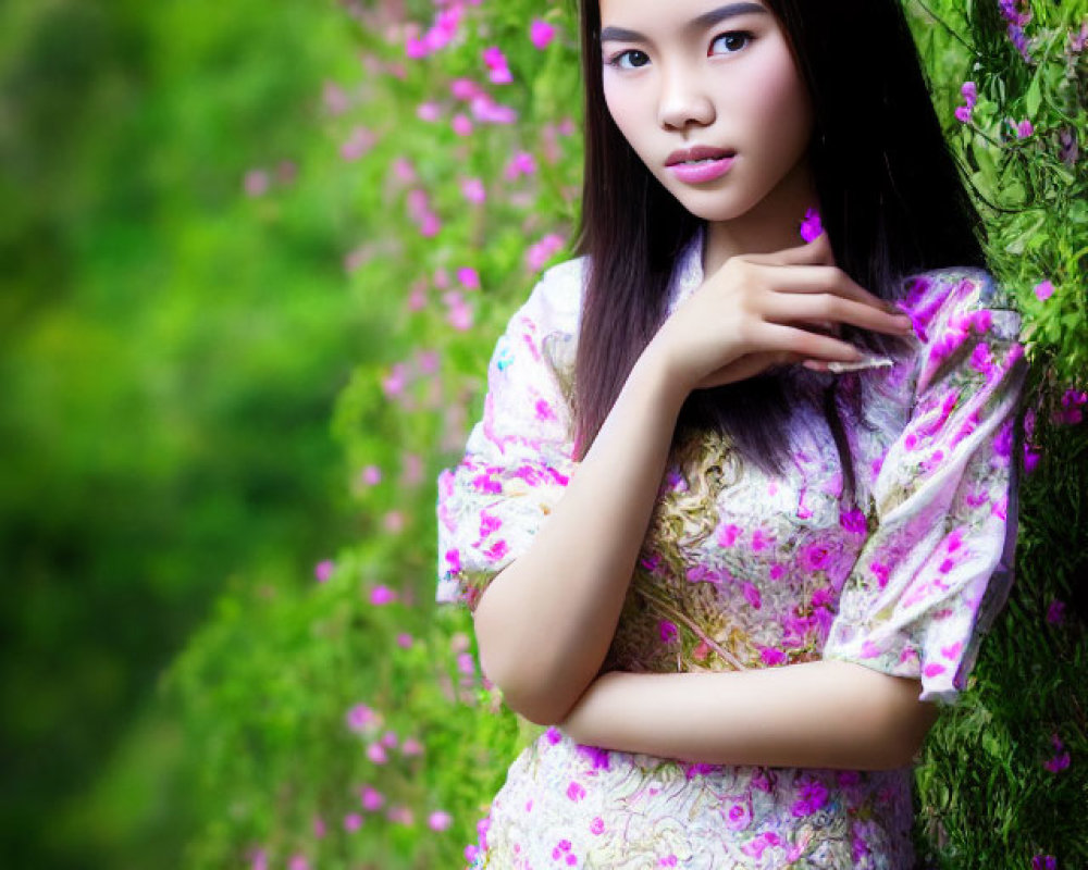 Traditional Asian Attire Young Woman by Greenery and Pink Flowers