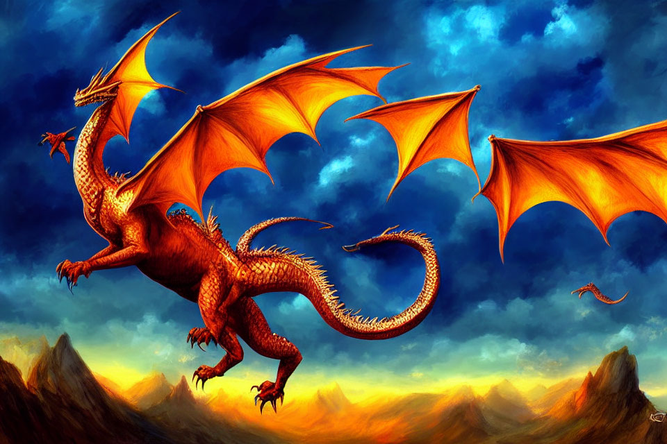 Majestic dragon with outstretched wings on mountain peak at sunset