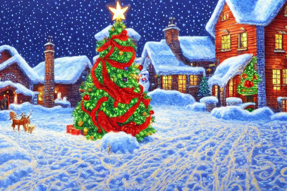 Decorated Christmas tree with gifts, snow-covered houses, and night sky landscape.