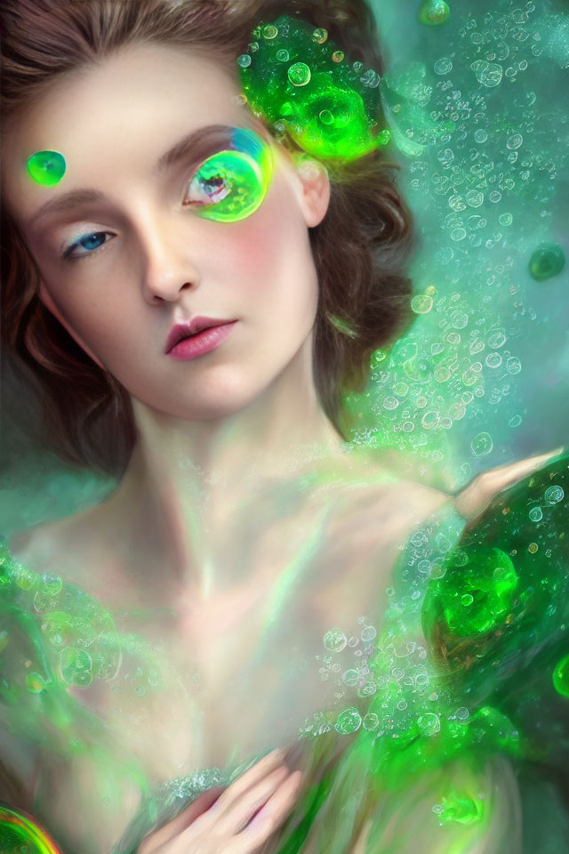 Ethereal woman surrounded by green bubbles and a large bubble over her eye