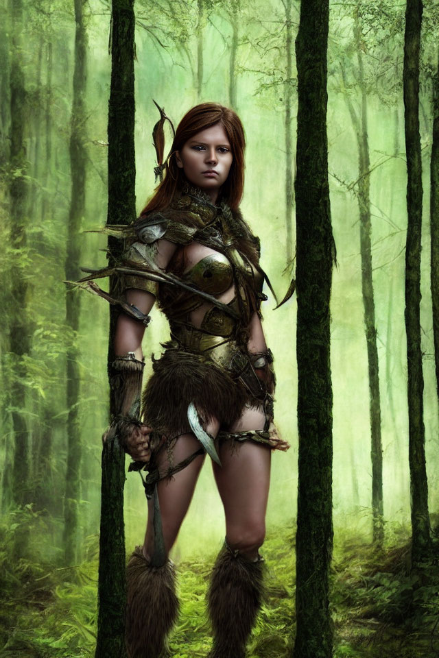 Young woman in forest-themed tribal warrior attire with feathers and fur, holding a staff in green woods.