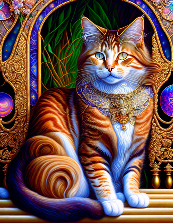 Orange Tabby Cat with Golden Jewelry in Mystical Setting